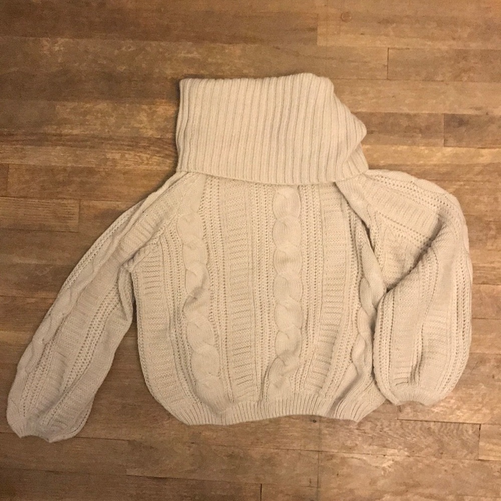 Cream/beige colored cable knit cowl neck sweater